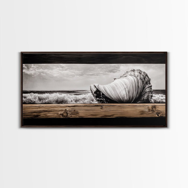 Seashell and Waves, Nautical Art, Coastal Beach Decor, Black and White Seascape, Ocean Home Art, Framed Canvas Print, Elegant Art
