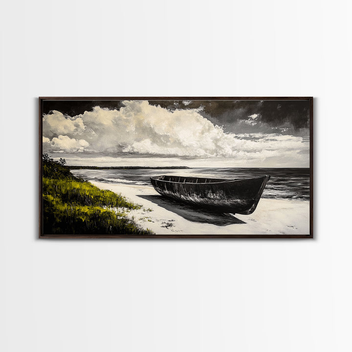 Abandoned Boat, Black White, Seaside Art, Framed Canvas Print, Rustic Beach Decor, Nautical Wall Art, Coastal Print, Office Decor