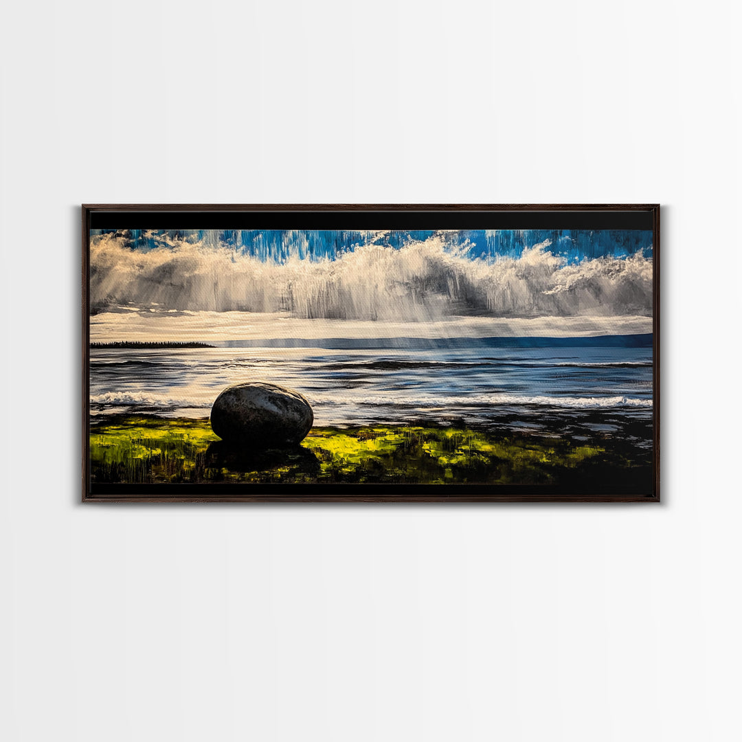Coastal Rain, Ocean Reflection, Scenic Wall Art, Framed Canvas Print, Serene Nature Print, Landscape Decor, Bedroom Wall Art