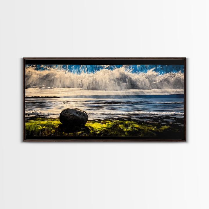 Coastal Rain, Ocean Reflection, Scenic Wall Art, Framed Canvas Print, Serene Nature Print, Landscape Decor, Bedroom Wall Art