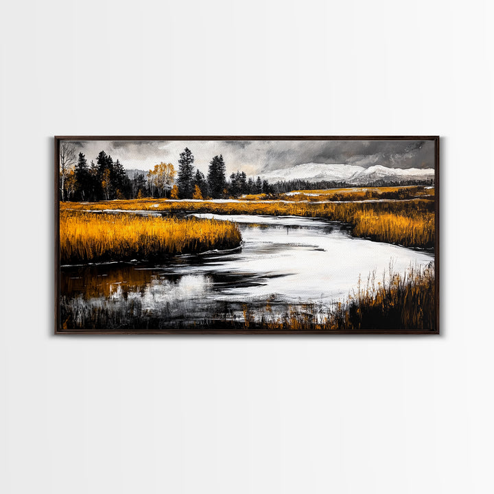 Autumn Landscape, Rustic River Scene, Golden Fields, Nature Wall Art, Farmhouse Style, Cabin Decor, Warm Tones, Framed Canvas Print