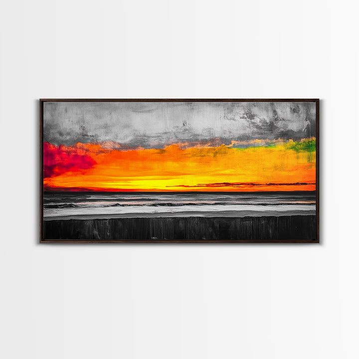 Coastal Sunset, Ocean Horizon, Bold Colors, Black and White Contrast, Modern Abstract, Warm Tones, Large Wall Art, Framed Canvas Print ?