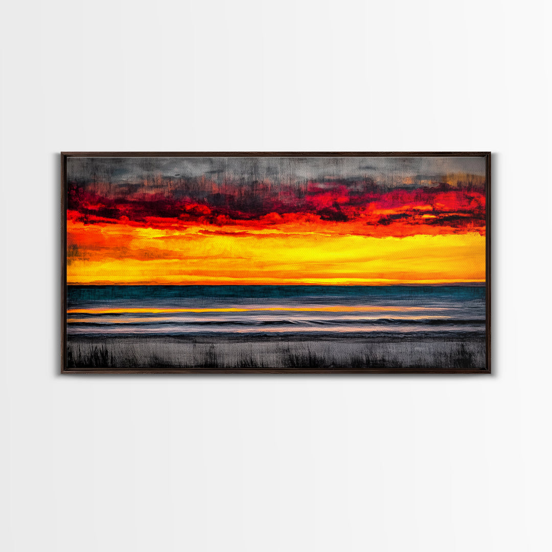 Sunset Beach, Ocean Art, Coastal Landscape, Modern Canvas Print, Boho Wall Art, Vibrant Seascape, Living Room Decor, Bold Art