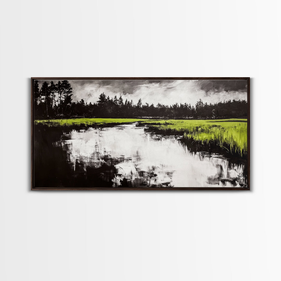 River Reflection, Nature Art, Moody Landscape, Modern Canvas Print, Green and Black, Office Wall Art, Minimalist Home Decor, Rustic Art