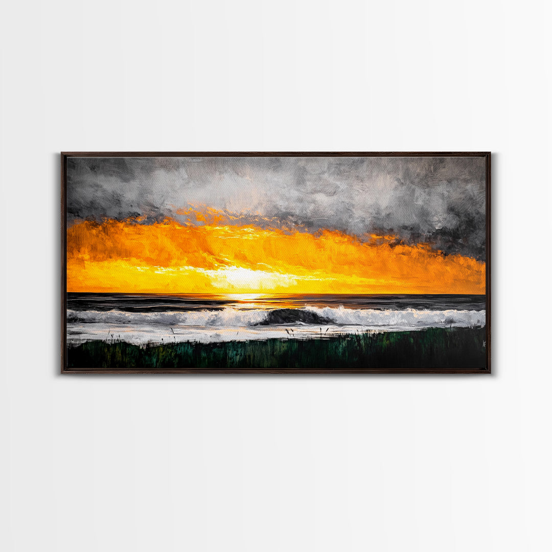 Ocean Sunset, Dramatic Clouds, Beach Waves, Framed Canvas Print, Coastal Wall Art, Living Room Art, Large Wall Decor