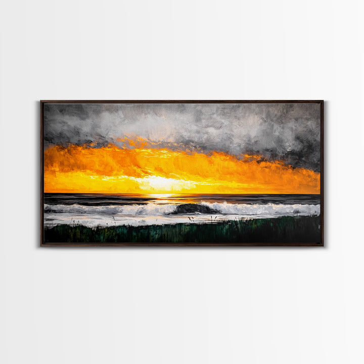 Ocean Sunset, Dramatic Clouds, Beach Waves, Framed Canvas Print, Coastal Wall Art, Living Room Art, Large Wall Decor