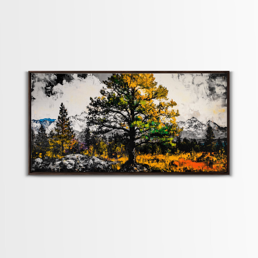 Autumn Tree Art, Mountain Landscape Painting, Fall Wall Decor, Nature Lover Gift, Framed Canvas Print, Rustic Cabin Home Accent
