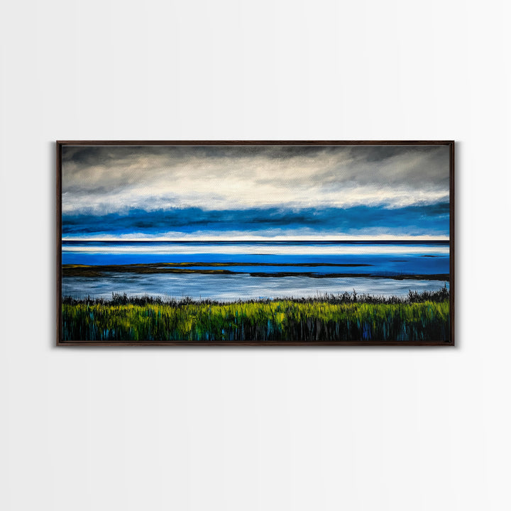Ocean Horizon, Blue Sky, Coastal, Minimalist, Framed Canvas Print, Seascape Painting, Modern Wall Art, Living Room Decor, Tranquil Scene