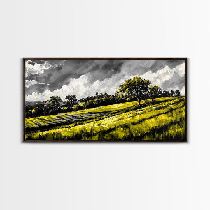 Rolling Hills Landscape, Peaceful Countryside Art, Green Field Painting, Rustic Home Decor, Framed Canvas Print, Serene Wall Accent