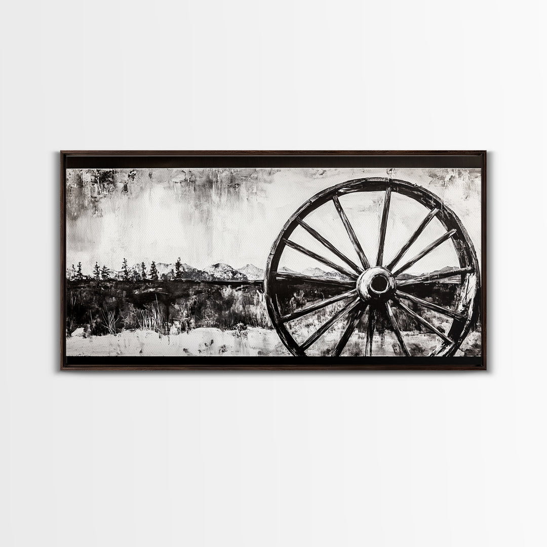 Wagon Wheel, Mountain Landscape, Black and White Western Art, Rustic Home Decor, Framed Canvas Print, Farmhouse Living Room Art