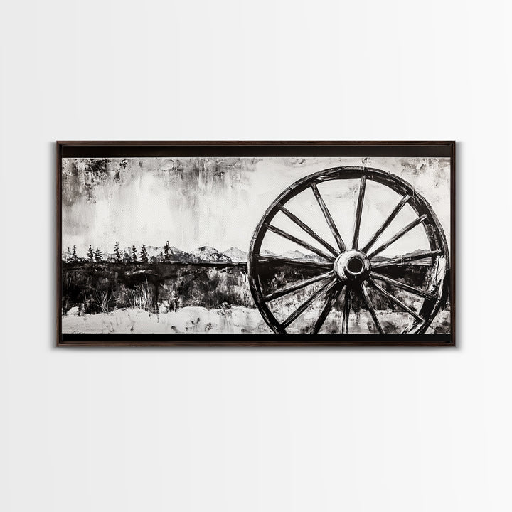 Wagon Wheel, Mountain Landscape, Black and White Western Art, Rustic Home Decor, Framed Canvas Print, Farmhouse Living Room Art