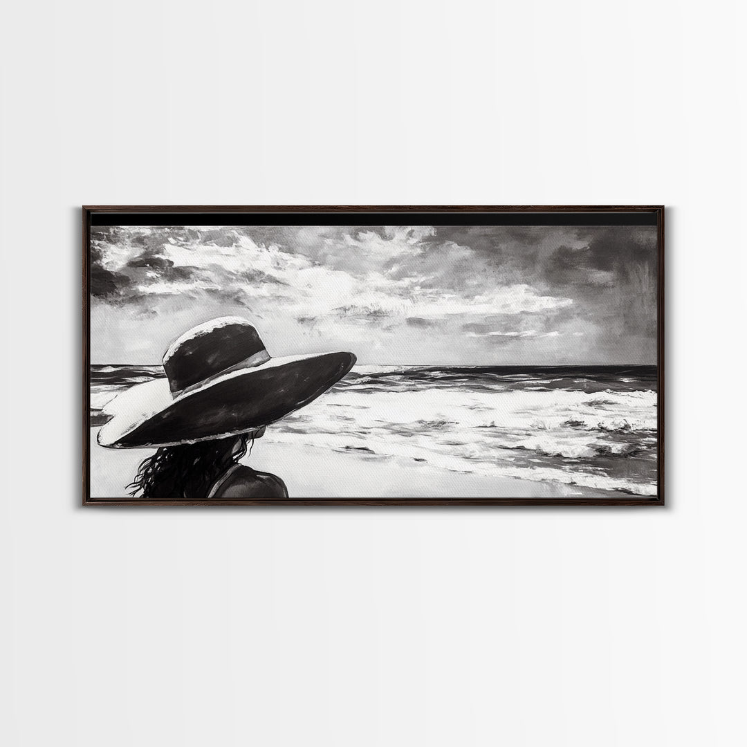 Woman at Beach, Black and White Wall Art, Minimalist Canvas Print, Modern Coastal Decor, Ocean View Art, Living Room Wall Art