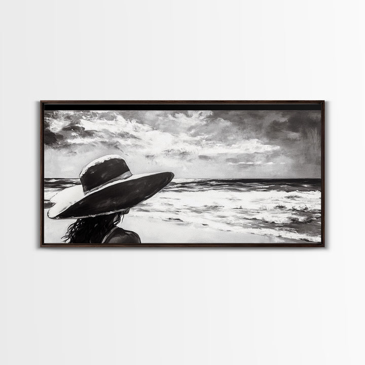 Woman at Beach, Black and White Wall Art, Minimalist Canvas Print, Modern Coastal Decor, Ocean View Art, Living Room Wall Art