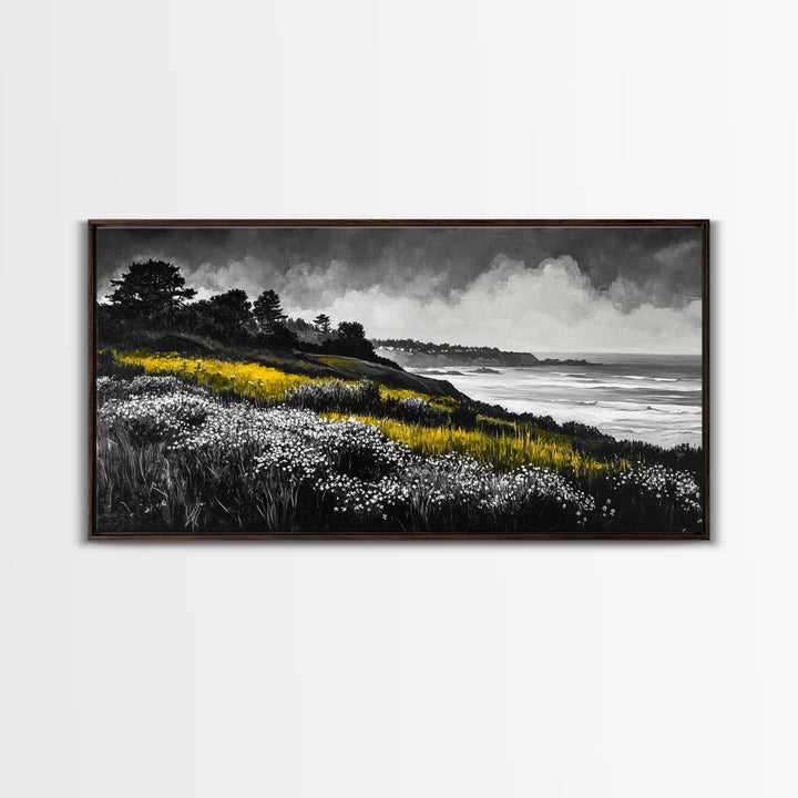 Coastal Meadow, Floral Landscape, Beach Painting, Black and White Art, Nature Wall Decor, Minimalist Art, Framed Canvas Print, Gift Idea
