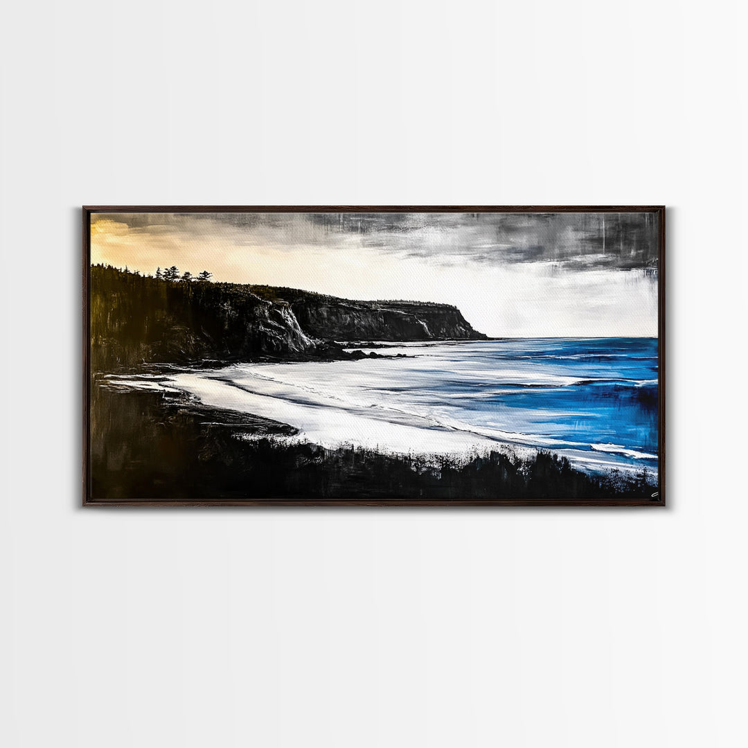Cliffside Coast, Dramatic Seascape, Black and White Landscape, Ocean View, Modern Art, Living Room Decor, Framed Canvas Print, Coastal Home
