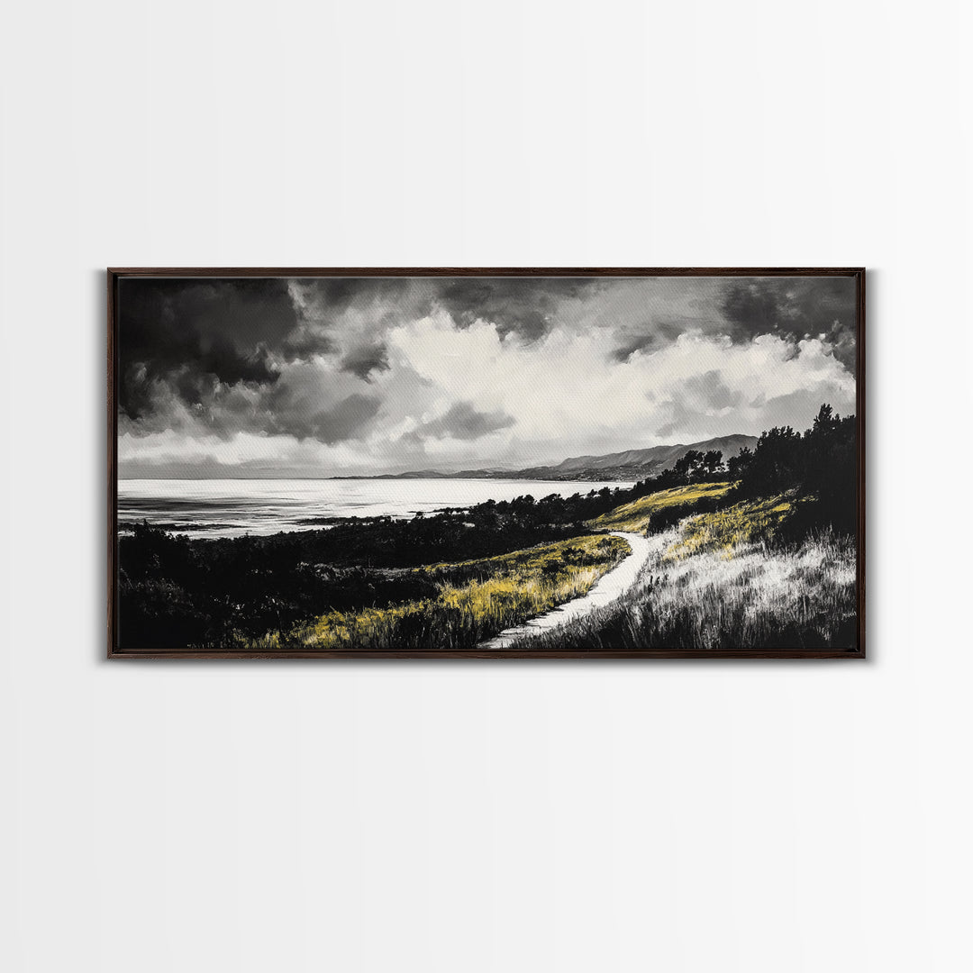 Golden Field, Pathway Landscape, Black and White Art, Moody Sky, Scenic Wall Decor, Office Wall Art, Canvas Print, Minimalist Nature