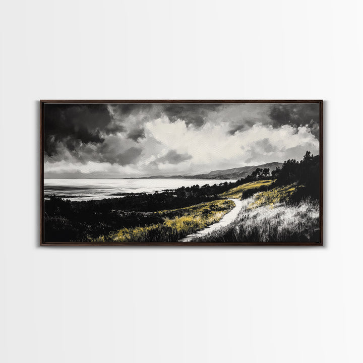 Golden Field, Pathway Landscape, Black and White Art, Moody Sky, Scenic Wall Decor, Office Wall Art, Canvas Print, Minimalist Nature