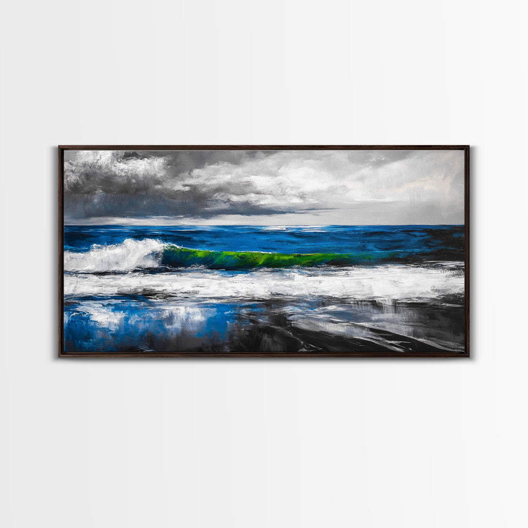 Blue Ocean, Stormy Seascape, Modern Coastal Art, Contemporary Painting, Large Beach Wall Art, Bedroom Decor, Framed Canvas Print, Gift Idea
