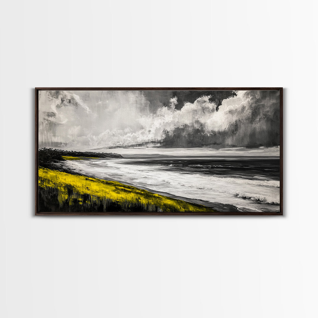 Coastal Horizon, Ocean Beach Art, Black and White Wall Decor, Dramatic Sky, Yellow Grass, Modern Landscape, Serene View, Framed Canvas Print