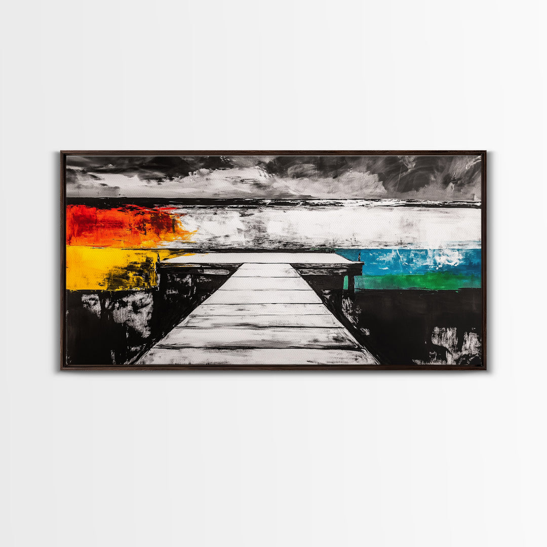 Pier to Infinity, Abstract Coastal Art, Black and White, Surreal Landscape, Minimalist Aesthetic, Nautical Decor, Framed Canvas Print
