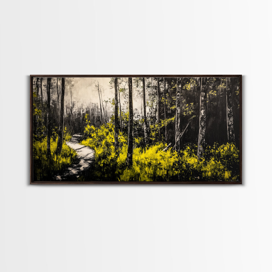 Forest Pathway, Autumn Woodland, Yellow Foliage, Moody Nature Art, Black and White, Peaceful Retreat, Cabin Wall Decor, Framed Canvas Print