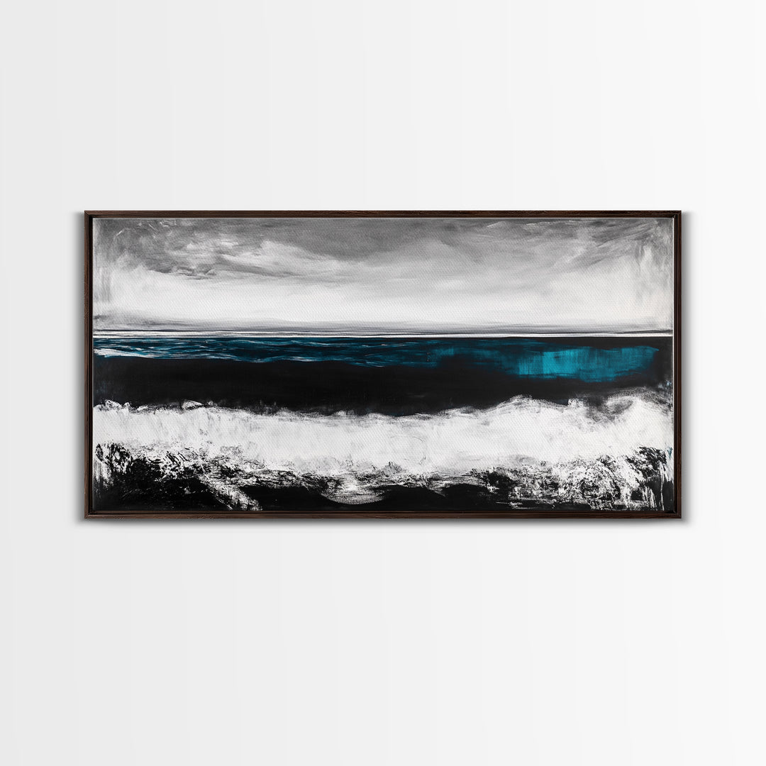 Ocean Horizon, Moody Seascape, Black and White Waves, Framed Canvas Print, Modern Coastal Wall Art, Beach House Decor, Minimalist Art