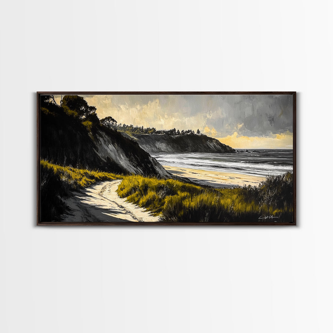 Coastal Path, Ocean View, Beach Sunset, Framed Canvas Print, Modern Wall Art, Landscape Painting, Living Room Art, Nautical Decor