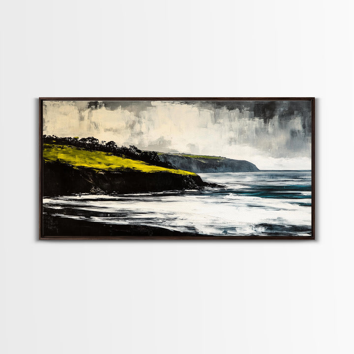 Ocean Cliffs, Misty Coastline, Stormy Sea, Canvas Print, Moody Seascape Art, Living Room Decor, Minimalist Wall Art, Nature Painting