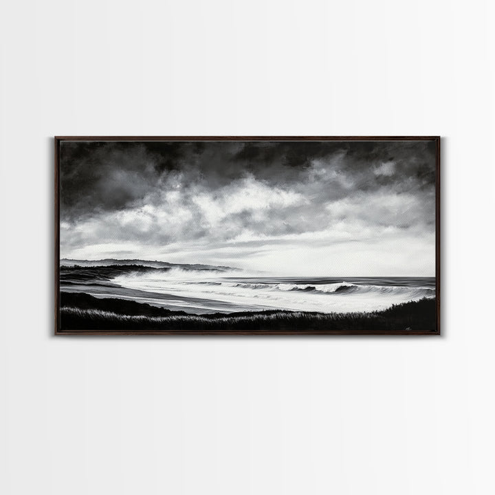 Black and White Beach, Moody Sky, Stormy Waves, Framed Canvas Print, Minimalist Wall Art, Modern Home Decor, Nautical Landscape