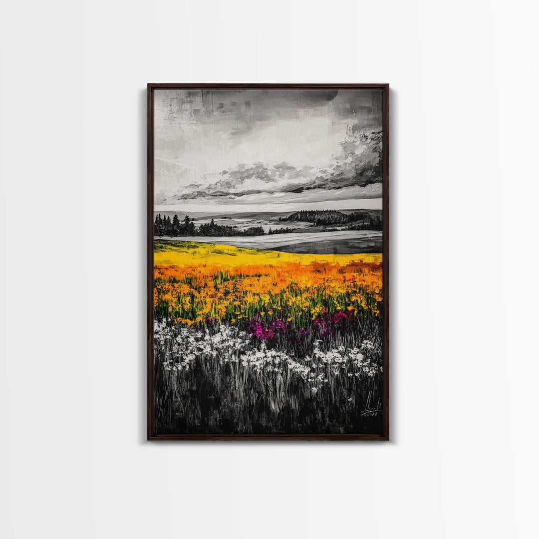 Black White Landscape, Yellow Wildflower Field, Nature Wall Art, Rustic Farmhouse Art, Country Home Decor, Office Art, Framed Canvas Print