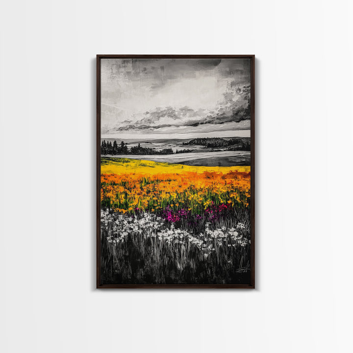 Black White Landscape, Yellow Wildflower Field, Nature Wall Art, Rustic Farmhouse Art, Country Home Decor, Office Art, Framed Canvas Print