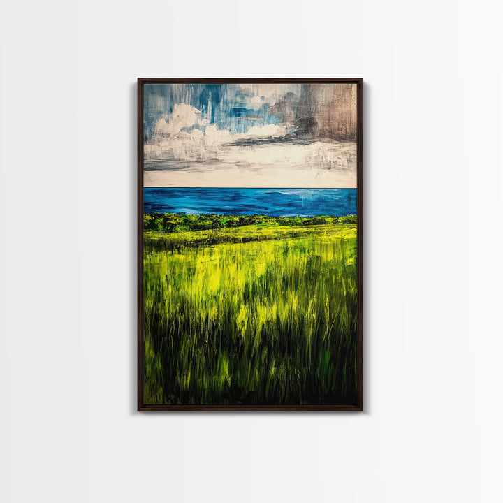 Coastal Landscape, Ocean View, Green Fields, Framed Canvas Print, Serene Wall Art, Nature Inspired, Tranquil Beach Decor, Modern Art