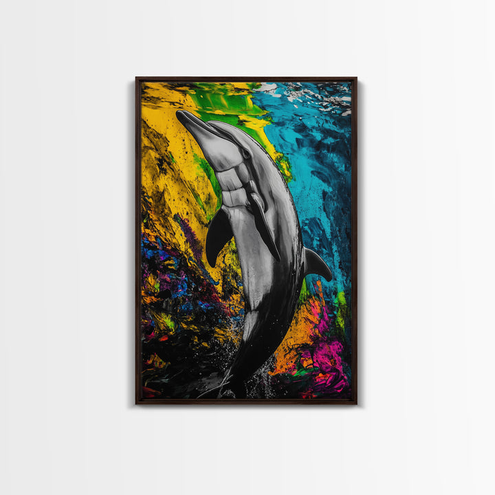 Dolphin Art, Vibrant Colors, Underwater Scene, Framed Canvas Print, Ocean Wall Decor, Marine Life Art, Coastal Vibes, Nautical Home Decor