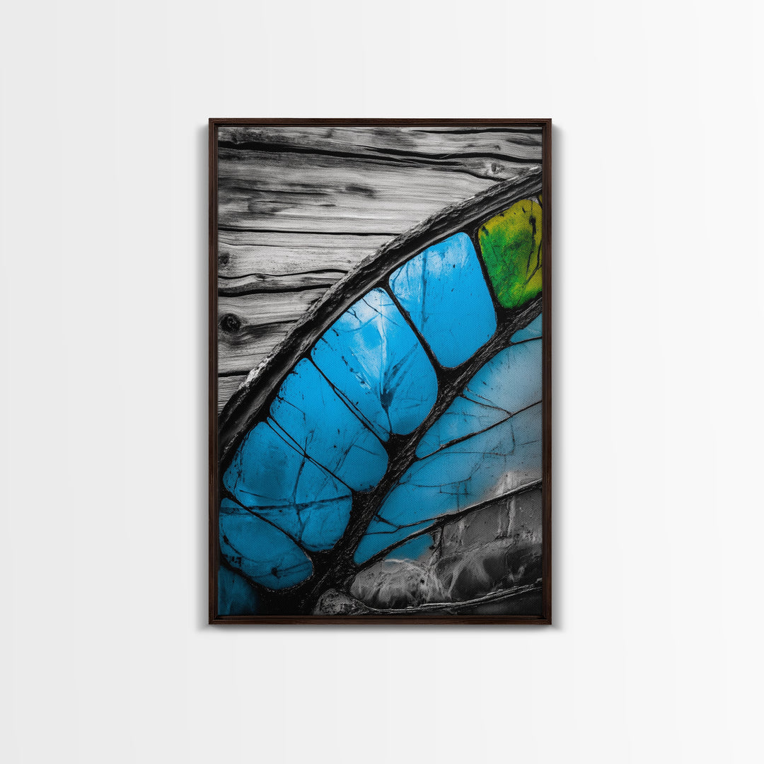 Butterfly Wing Close-up, Nature Photography, Framed Canvas Print, Rustic Wall Art, Minimalist Decor, Blue Abstract Art, Bedroom Wall Decor