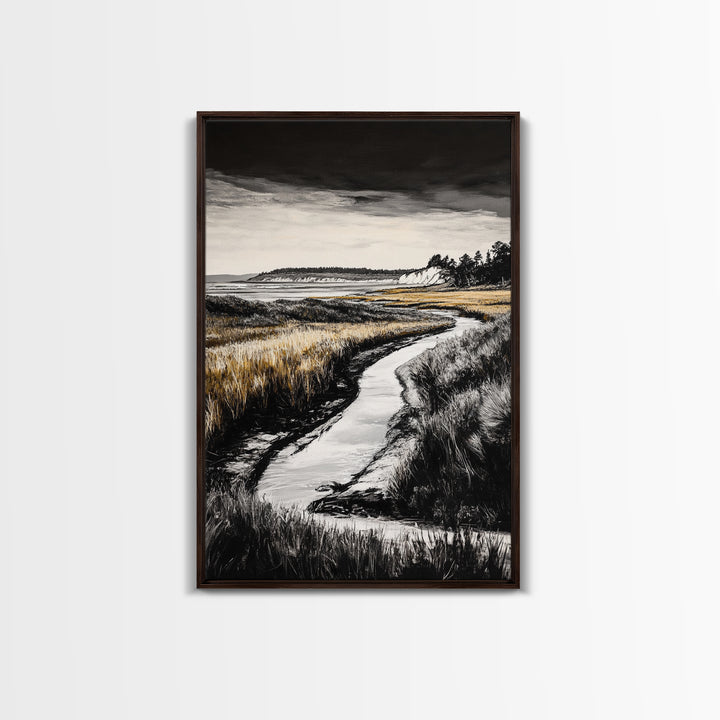 Coastal Landscape, Black and White, Framed Canvas Print, Nature Wall Art, Living Room Decor, Modern Farmhouse Art, Neutral Tones
