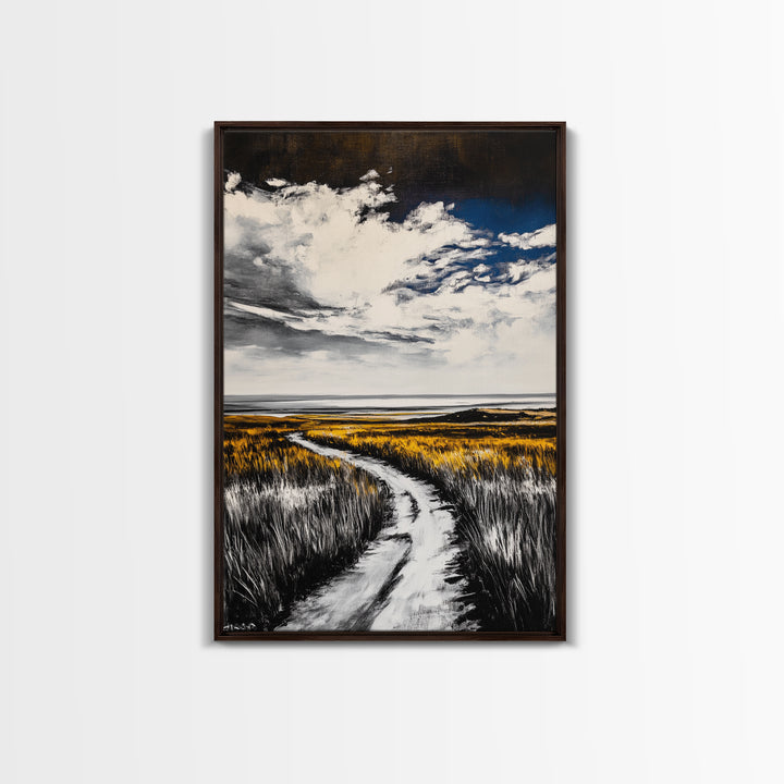 Pathway, Open Fields, Framed Canvas Print, Rustic Landscape, Countryside Decor, Farmhouse Wall Art, Neutral Tones, Home Gift Idea