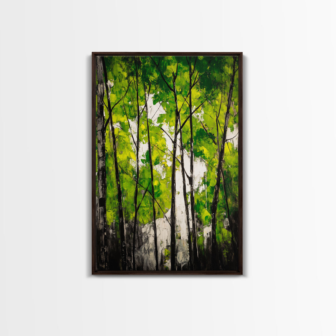 Birch Trees, Green Forest Art, Nature Landscape, Abstract Painting, Contemporary Wall Decor, Earthy Home Art, Framed Canvas Print