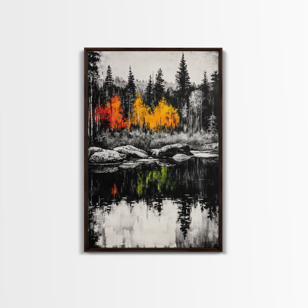 Autumn Reflection, Fall Forest Art, Lake Landscape, Vibrant Trees, Seasonal Painting, Warm Home Decor, Canvas Print