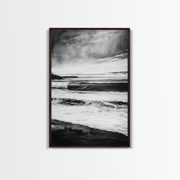 Black and White Waves, Ocean Painting, Dramatic Coastline, Minimalist Art, Framed Canvas Print, Modern Seascape, Contemporary Wall Art