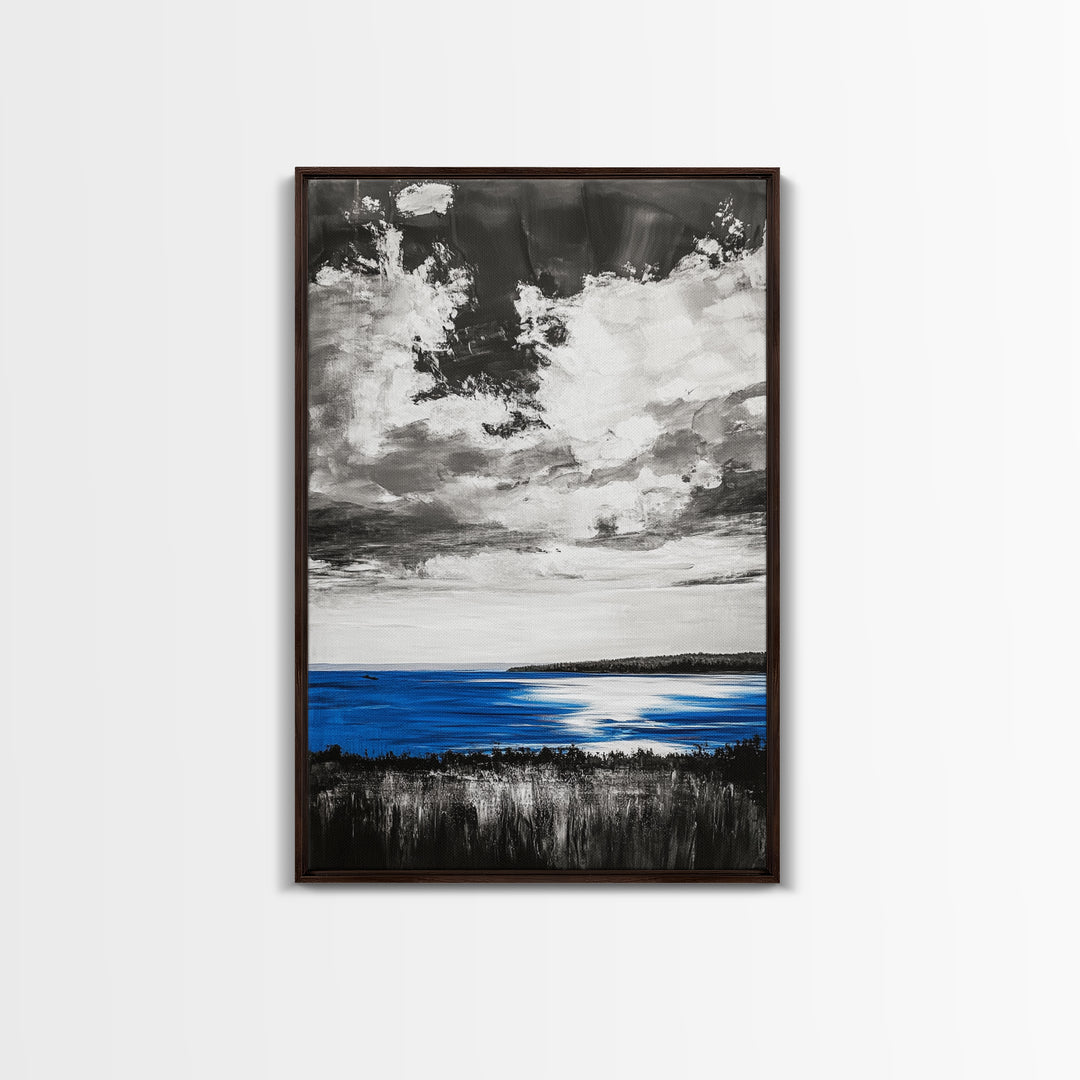 Blue Horizon, Ocean Landscape, Coastal Wall Art, Black and White Sky, Beach House Decor, Modern Art, Framed Canvas Print, Tranquil Design