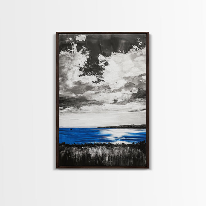 Blue Horizon, Ocean Landscape, Coastal Wall Art, Black and White Sky, Beach House Decor, Modern Art, Framed Canvas Print, Tranquil Design