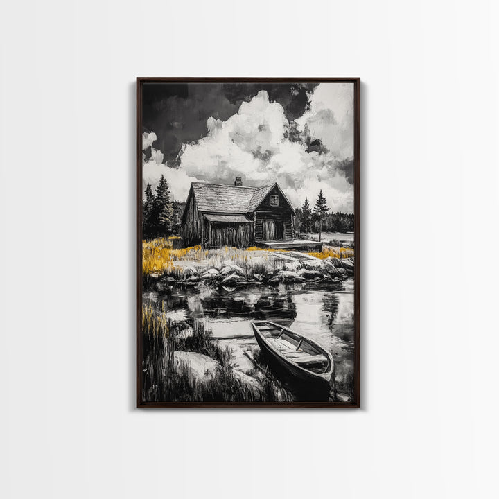 Cabin Reflection, Rustic Home Art, Log House Painting, Tranquil Lake, Country Home Wall Decor, Framed Canvas Print, Nature Lover Gift