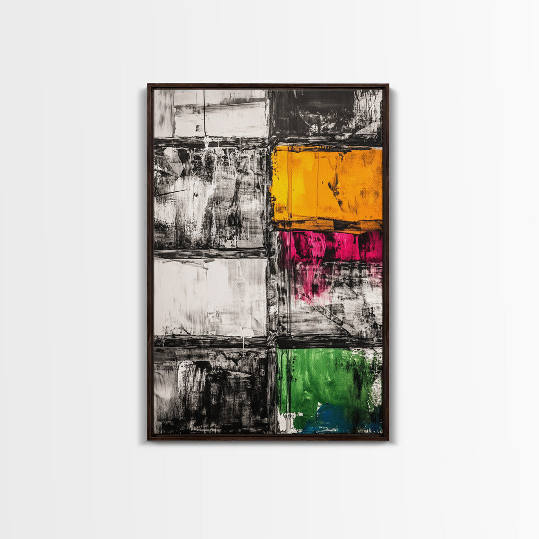 Abstract Modern Art, Black White Geometric, Yellow Red Green Blocks, Minimalist Wall Decor, Office Art, Mid Century Style, Canvas Print