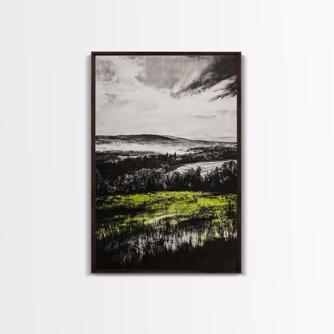 Rolling Hills, Nature Landscape, Canvas Print, Black White Green Art, Farmhouse Decor, Rustic Wall Art, Bedroom Decor, Fall Home Art