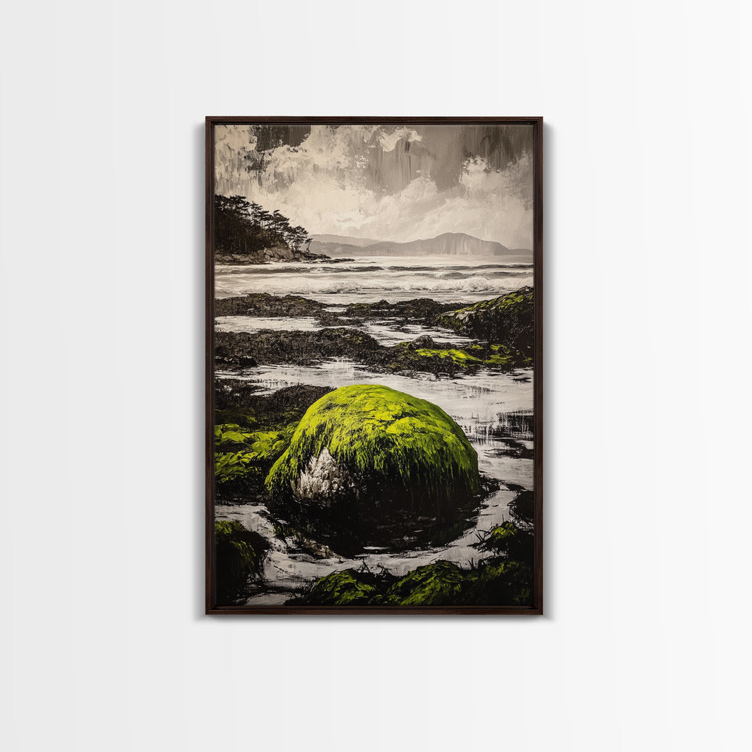 Coastal Rocks, Mossy Shore, Framed Canvas Print, Ocean Landscape, Beach House Wall Art, Nautical Decor, Green Nature, Relaxing Art