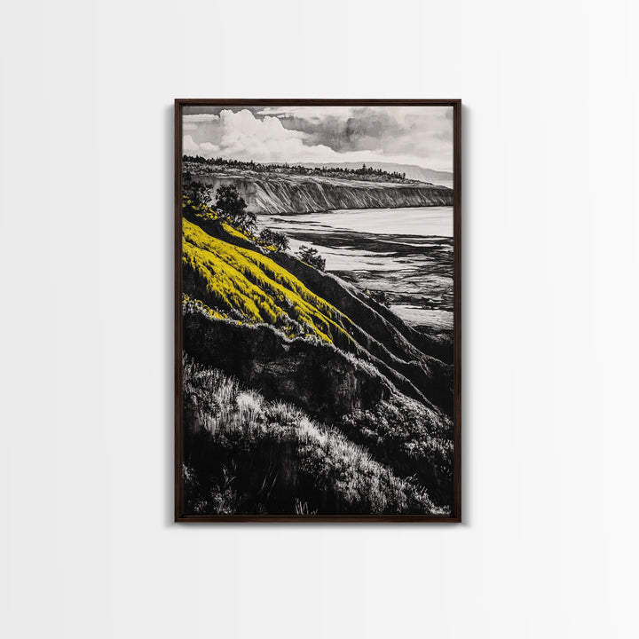 Cliffs, Ocean View, Framed Canvas Print, Coastal Landscape, Beach House Decor, Nature Wall Art, Black White Yellow Art, Scenic View