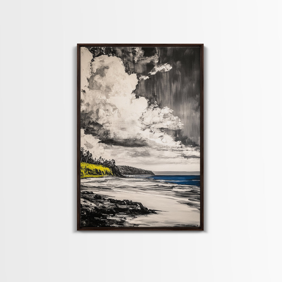 Cliffside View, Ocean Horizon, Cloudy Sky, Framed Canvas Print, Beach House Decor, Monochrome Wall Art, Relaxing Scenery