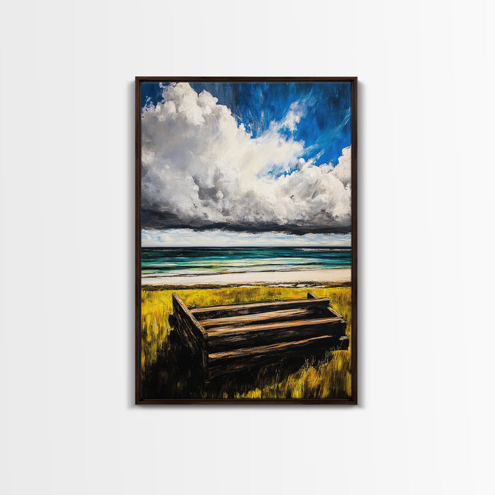 Ocean Bench, Coastal Landscape Art, Beach House Wall Decor, Relaxing Seaside Scene, Serene Water View, Framed Canvas Print