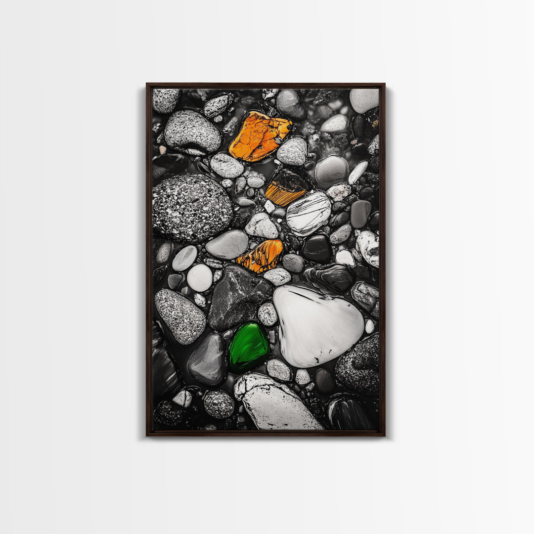 River Pebbles, nature-inspired art, stone texture decor, minimal wall art, earthy tones painting, framed canvas print, bathroom decor