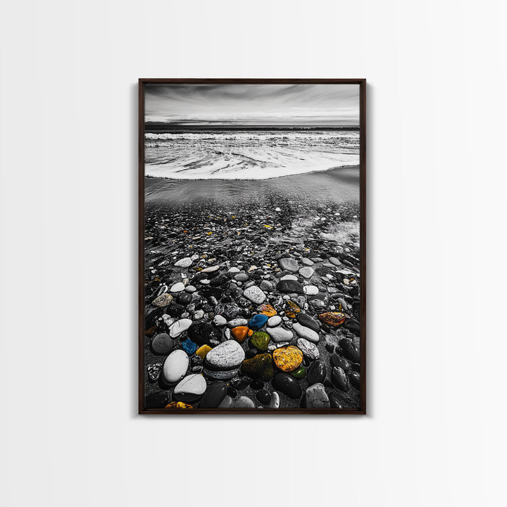 Ocean Pebbles Shoreline, coastal home decor, beach stone art, nautical wall print, calming wave painting, framed canvas print, bedroom art